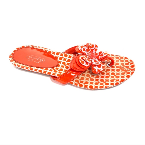 Coach Pattey Orange & Pink Logo Flip Flops w/ Flowers - Picture 6 of 12